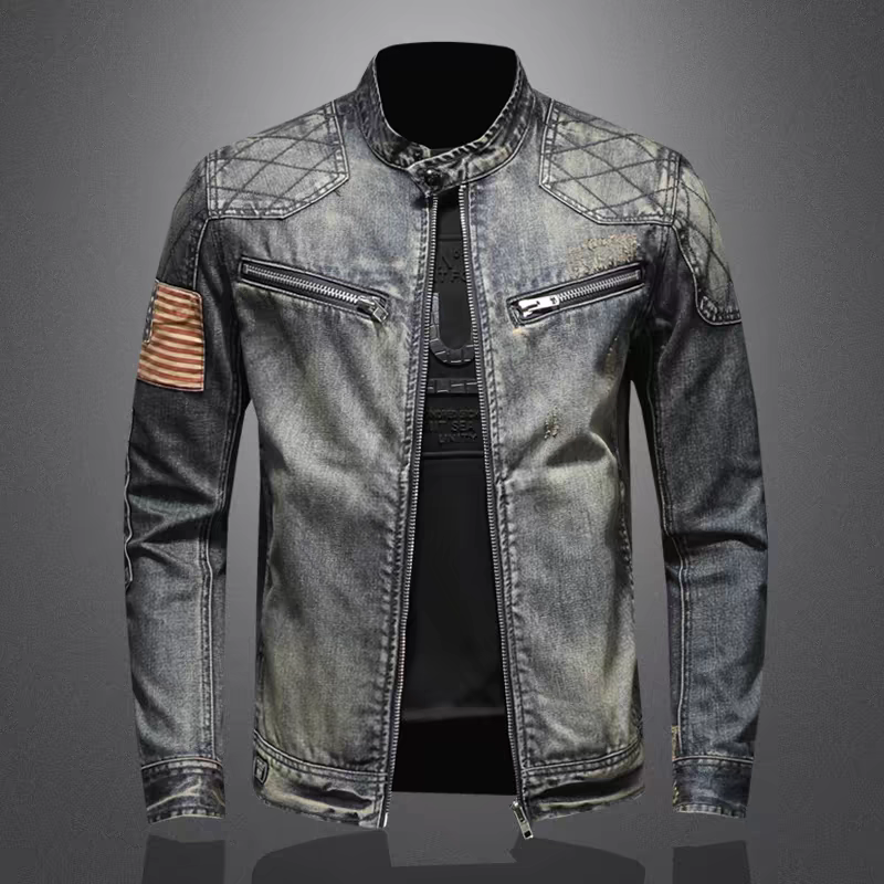 Jaqueta jeans casual retrô masculina, gola alta, jaqueta com zíper, roupas de motociclista, tops de equitação bonito, moda moderna, nova, 2022