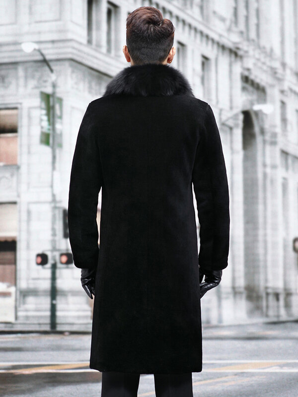 Мужская длинная куртка с воротником из натурального меха лисы, однобортная куртка из натурального меха ягненка с карманами, верхняя одежда для зимы 2023, P520