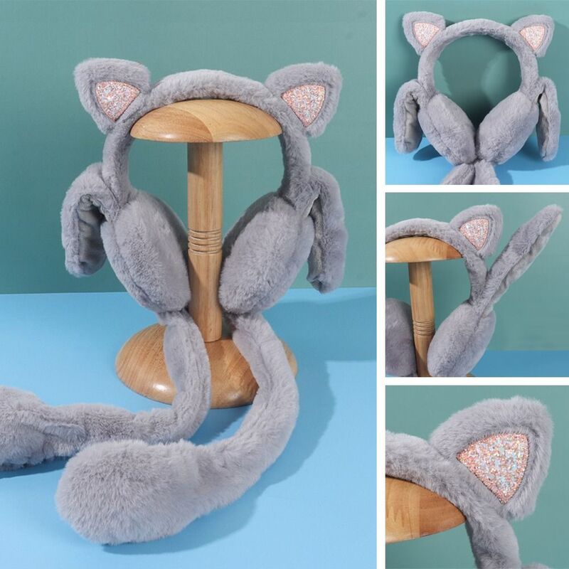 Solid Color Ear Flap Winter Warm Funny Plush Cat Children's Ear Protection Moving Earmuffs Earmuffs