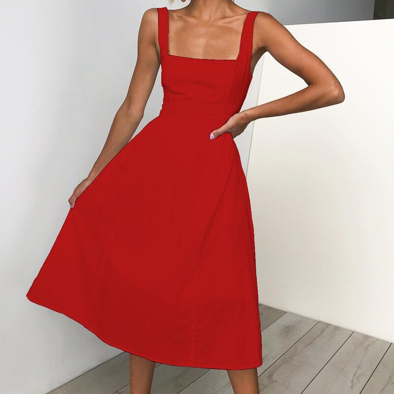 Женские сексуальные платья-трапеции с открытой спиной, лето 2023, модное пляжное платье на бретелях-спагетти, повседневное однотонное платье-миди на бретелях, красные платья
