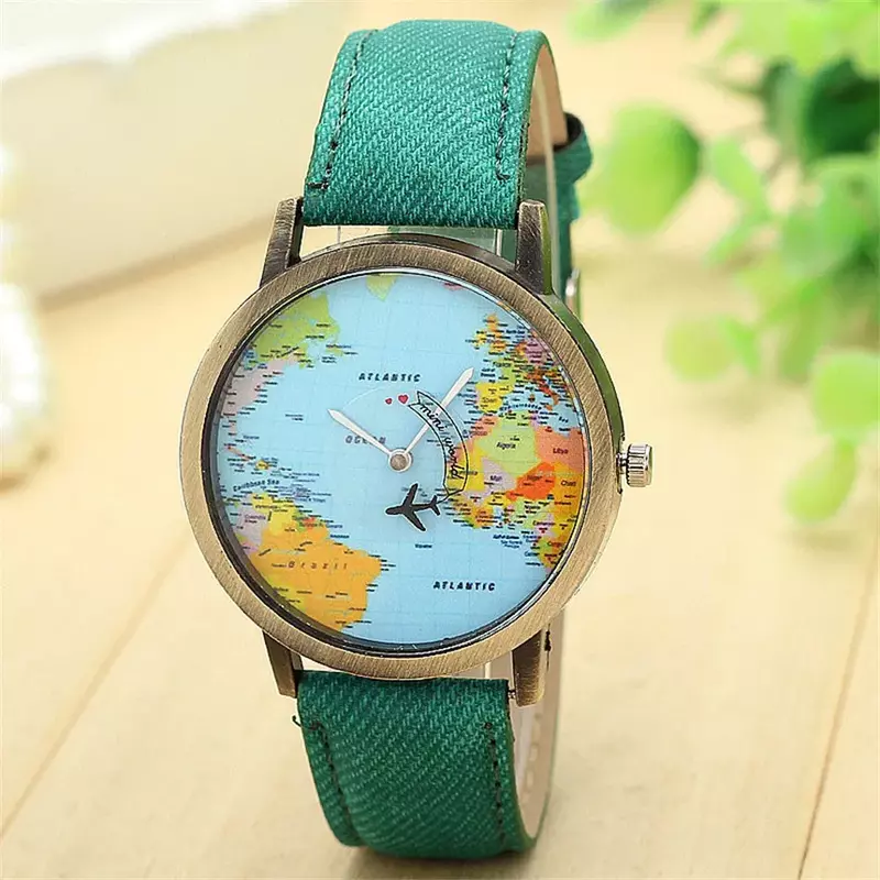 Cool Mini World-Reloj de pulsera de cuero para hombre y mujer, cronógrafo de cuarzo a la moda, Unisex, con mapa, avión, viaje alrededor del mundo