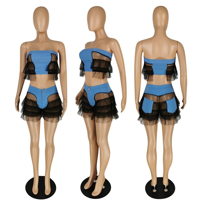 Faux Denim kurze sexy Mesh Shorts Festival Kleidung Frauen Clubwear Outfits Rüschen Shorts Set Frauen passende Sets 2024 Streetwear