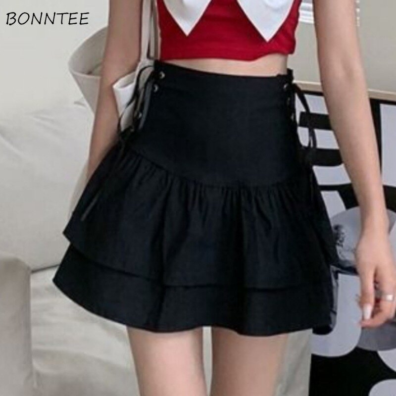 A-line Skirts for Women Black Solid Young Girls Clothing Summer High Street Fashion Korean Style Mini Sexy Ball Gown New Design