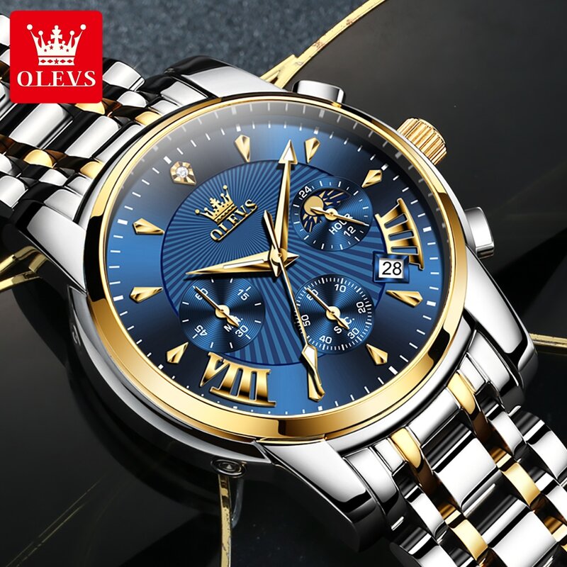 OLEVS jam tangan kuarsa mewah untuk pria, arloji merek terbaik mewah fase bulan dengan Chronograph, jam tangan olahraga tahan air bahan baja tahan karat untuk pria