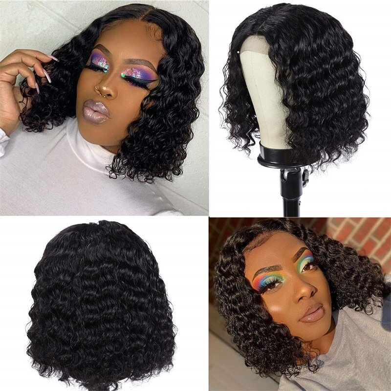 Wig short curly hair with long bangs, black small curly tube, high-temperature silk synthetic fiber headband