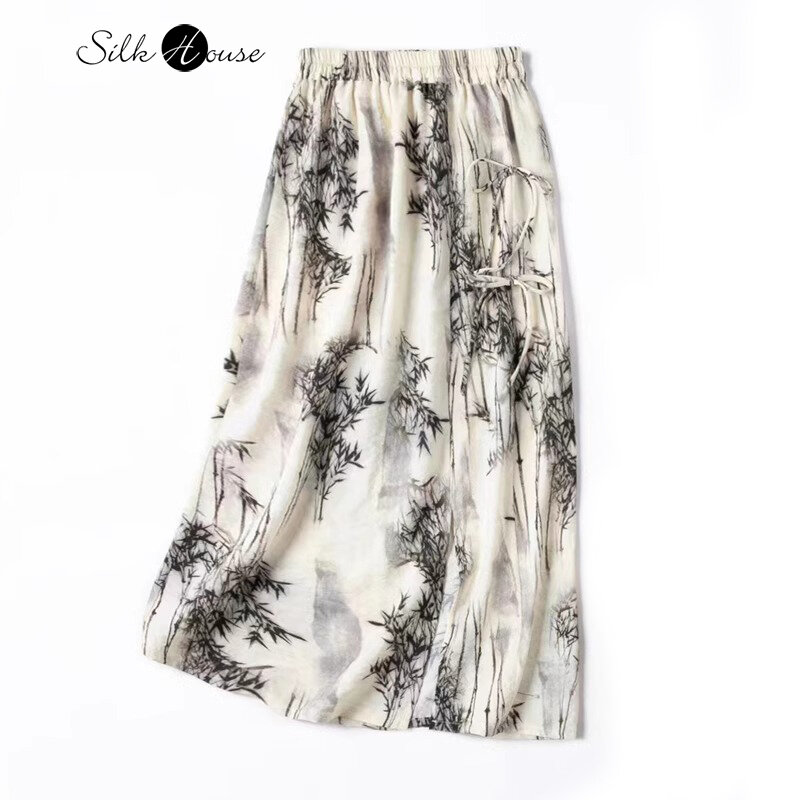 "National Style Ink Bamboo" Slightly Wrinkled Texture 76%Natural Mulberry Silk Dry Silk Side Split Straight Strap Women's Skirt