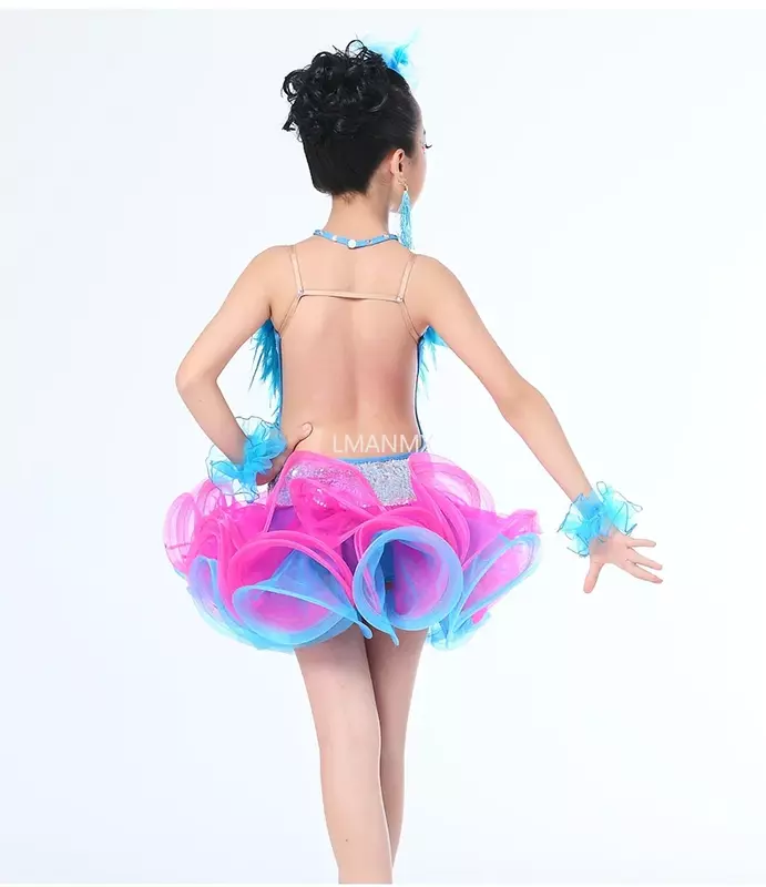 Gaun dansa Latin profesional anak-anak gaun kompetisi tari ruang dansa anak perempuan gaun dansa Latin berjumbai baru seperti payet