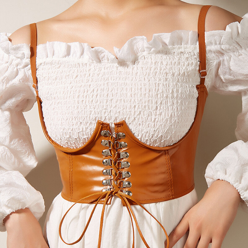 Korset dekoratif kulit wanita di bawah payudara tunik desainer mewah sabuk pinggang wanita Gothic Punk antik gaun Cummerbund PJ536