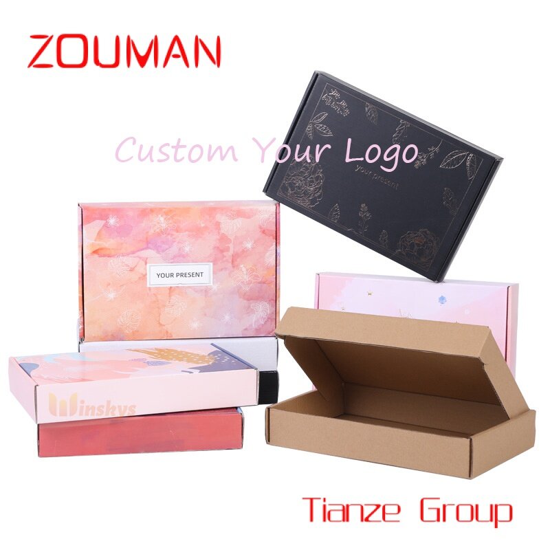 Caja de regalo plana rosa con logotipo personalizado, embalaje de cartón, papel plegable para ropa, zapatos, ropa interior