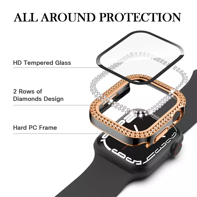 Cubierta de diamante para funda de Apple watch, Protector de pantalla de parachoques, vidrio templado de 45mm, 41mm, 38mm, 42mm, 44mm, 40mm, Serie 9, 8, 7, 6, 5, 4, 3, SE