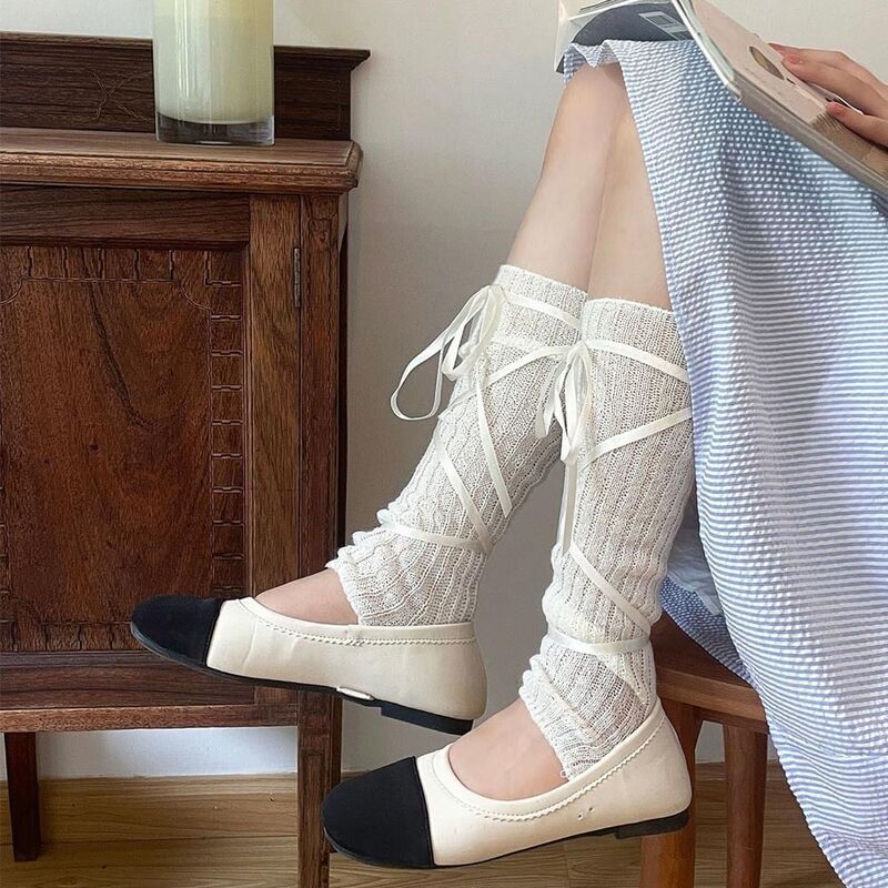 Calentadores de piernas con Lazo de cinta para mujer, cubiertas de pies Jk de tiro medio de una sola aguja, estilo Balletcore, traje de algodón estilo Harajuku
