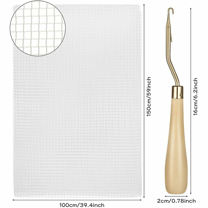 Kit de gancho de malla de ganchillo para alfombra, Herramienta de gancho doblado de madera, alfombra en blanco de 40x60 pulgadas, 2 piezas