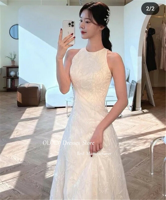 OLOEY 심플 A 라인 풀 레이스 한국 웨딩 드레스, 쥬얼리 넥 스플릿 발목 길이 신부 가운, 사진 촬영 정원