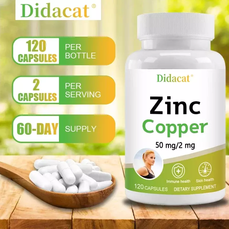 Suplemento dietético de zinco e cobre, 120 cápsulas, Suplemento mineral e antioxidante, Imunidade e humor, Suporta a saúde da pele
