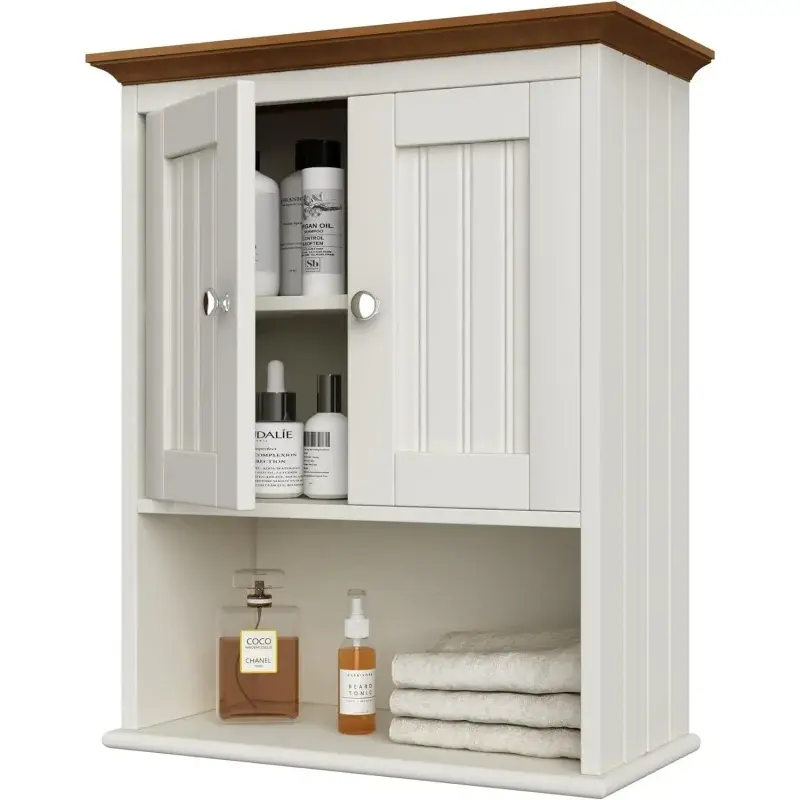 خزانة حائط خشبية من Treocho مع أبواب ورف قابل للتعديل ، خزانة أدوية للحمام ، خزانة ريفية ، مثبتة على الحائط لخزانة Ba