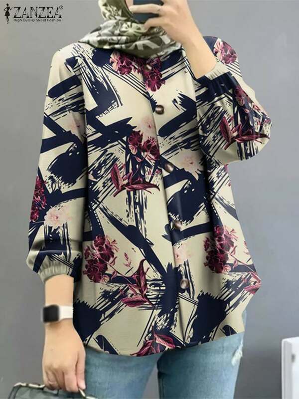 ZANZEA-camisa de trabalho de manga comprida para mulheres, blusa muçulmana estampada floral, roupas islâmicas, botões casuais em tops vintage, outono, 2023
