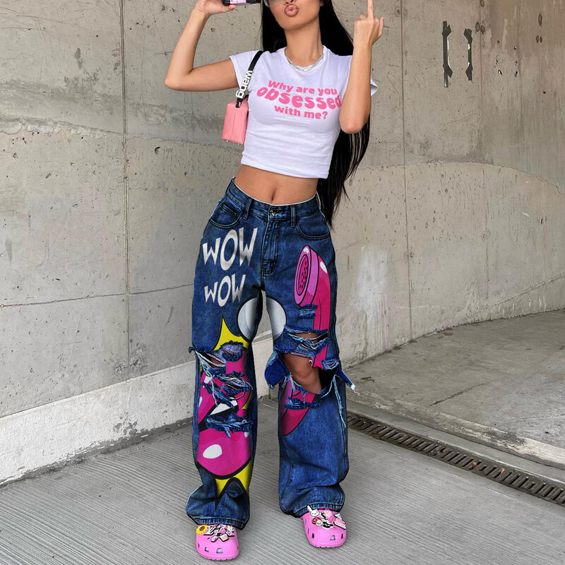 Straight Leg Jeans for Women Personalized Print Pattern Cracked Hole Street Fashion Spring and Summer New Spicy Girls, Y2K, 2024