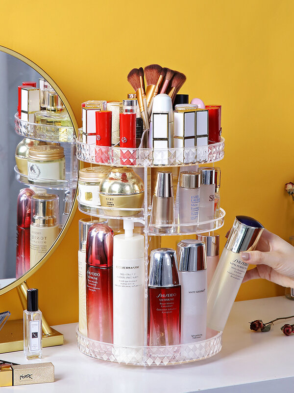 Caja organizadora de maquillaje, tocador desmontable multifunción, rotación de 360 grados, transparente