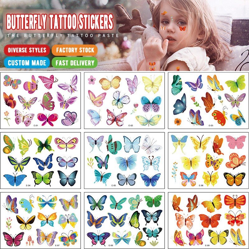 12 Buah Stiker Tato Kartun Anak-anak Tahan Air Stiker Tato Kupu-kupu Warna-warni Lucu Tato Sementara Lucu