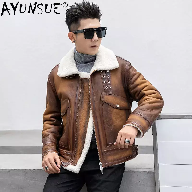 AYUNSUE-남성용 자연 모피 코트, 따뜻한 양피 코트 짧은 레트로 가죽 자켓 두꺼운 남성 가죽 모피 자켓 바이커 가을 겨울