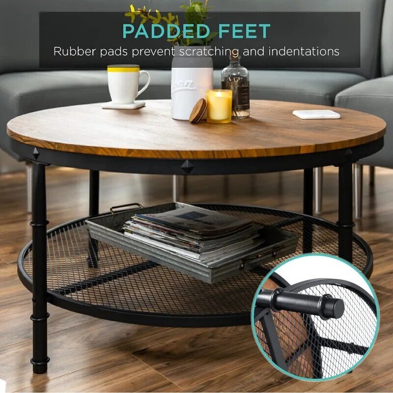 2-Tier 35.5in Round Industrial Coffee Table, Rustic Steel Accent Table for Living Room, w/Wooden Tabletop, Reinforced Crossbars