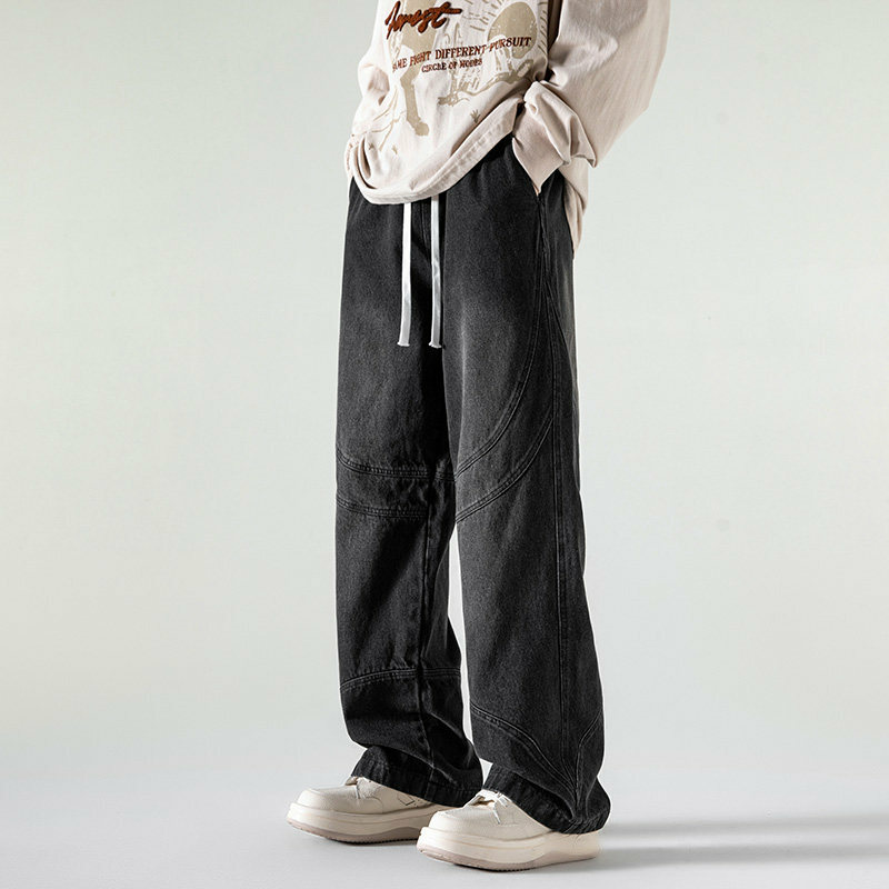 Luźne sprane dżinsy spodnie męskie spodnie dżinsowe szerokie spodnie nogi Casual odzież uliczna Oversize Hip Hop sznurkiem Harajuku 2024 nowość