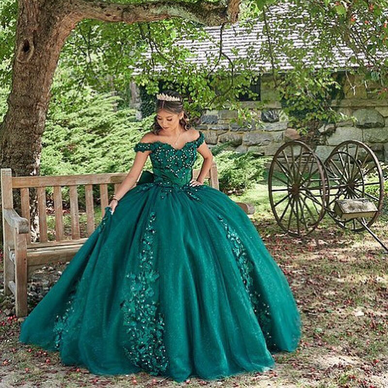 Laboum 녹색 오프 숄더 성인식 드레스, 얇은 명주 그물 레이스 아플리케, 무도회 드레스, 15 Anos 비즈 스위트 볼 가운