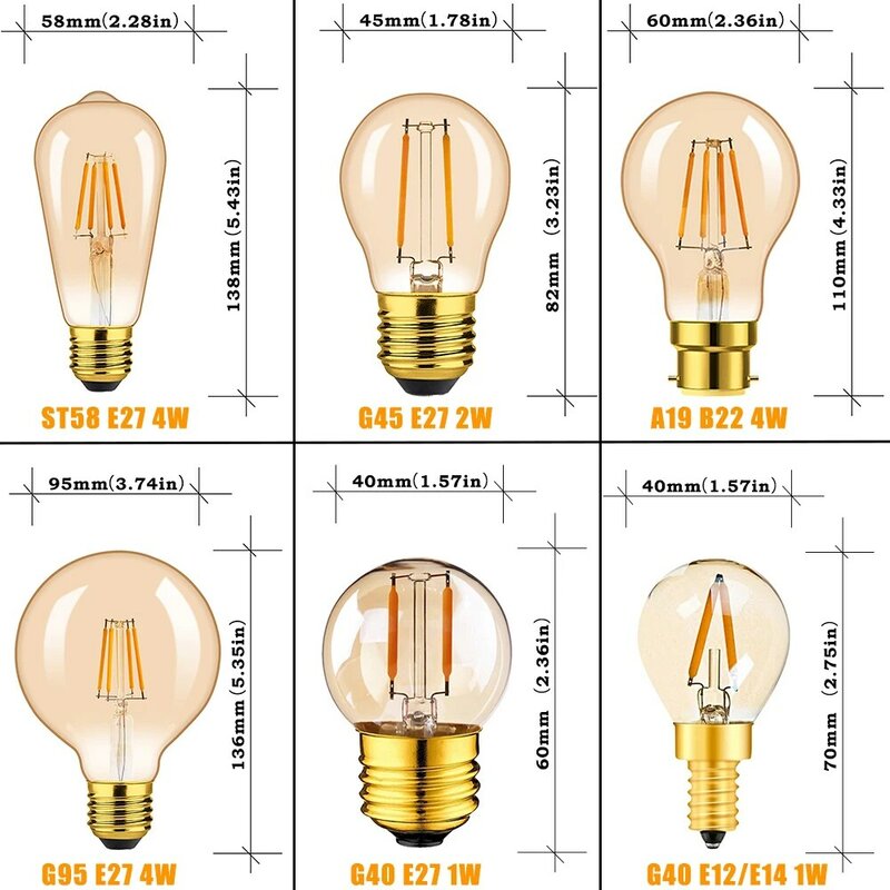 Ampoules LED décoratives vintage Edison, ampoules LED E14, 12V, 24V, G95, G45, ST58, A19, T22, G40, blanc chaud, accessoires automobiles, éclairage de camping-car