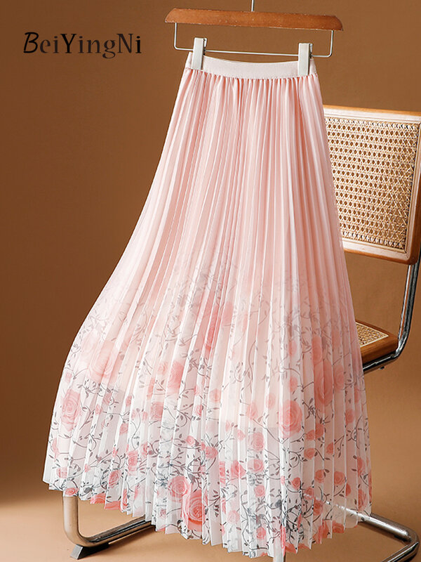 Beiyingni Women's Skirt Mesh Floral Printed Spring Summer 2024 Casual Pleated Long Midi Skirts for Ladies Elegant Luxury Korean