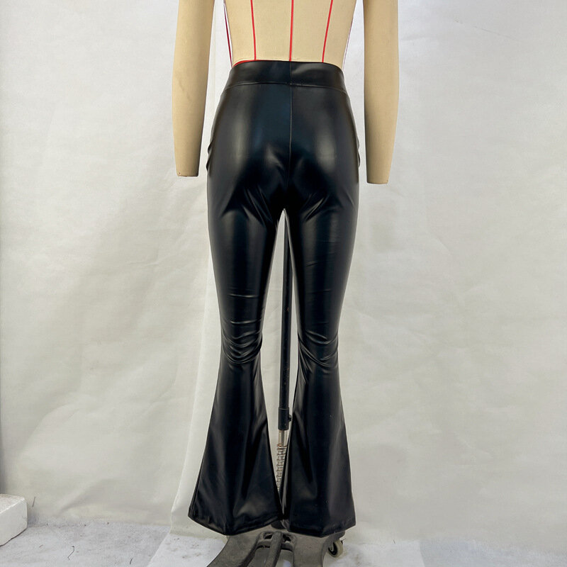 กางเกงขาบานหนัง PU สำหรับผู้หญิง, กางเกงสตรีทแวร์เอวสูงเอวสูงสีดำเงาวาว2023ฤดูใบไม้ร่วงฤดูหนาวเที่ยวกลางคืน