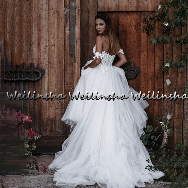 Weilinsha-Robes de mariée Boho, appliques en dentelle, col en cœur, ligne A, tulle, long, quel que soit le balayage, train, mariée, 2022