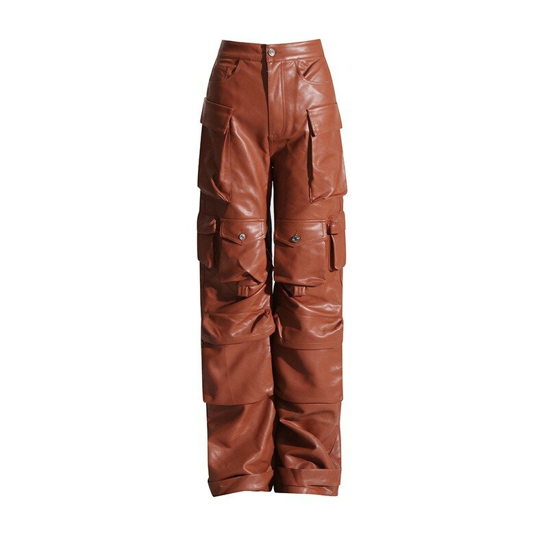 Женские модные брендовые комбинезоны с несколькими карманами, весна 2024, новый стиль, индивидуальные сращивающиеся Модные свободные кожаные брюки, повседневные брюки