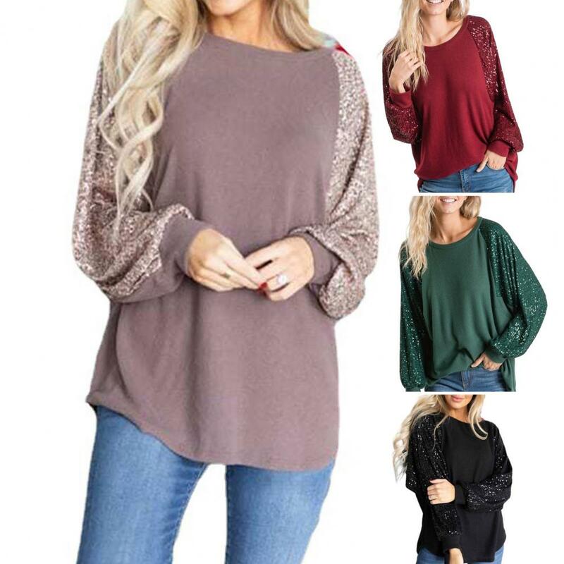 Luźna pulowerowe topy cekinowa patchworkowa raglanowa bluzka luźny krój pulowerowe topy dla kobiet na wiosnę jesień moda damska z okrągłym dekoltem