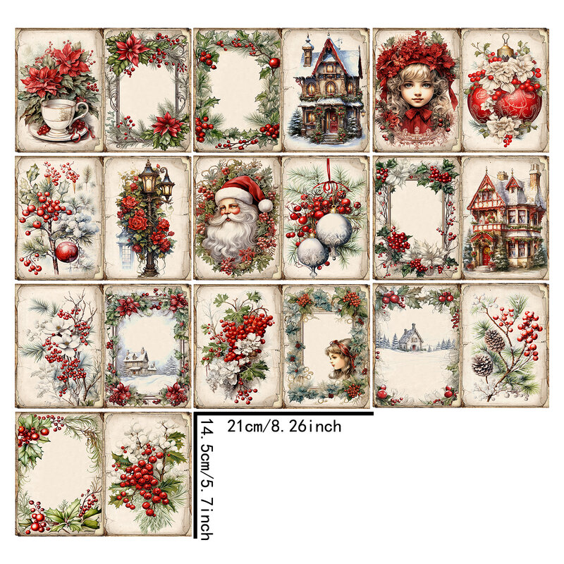 10 Sheets A5 Size Christmas Girl With Bright Red Flowers And Santa Claus Background Vintage Grunge Journal Planning Scrapbooking