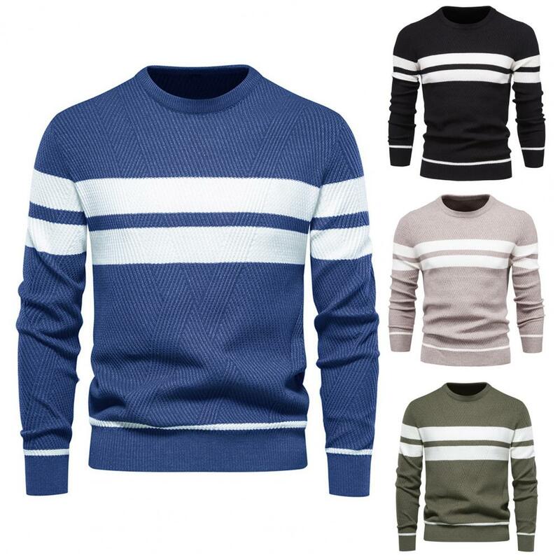 Мужской свитер, стильный мужской свитер в полоску с пэчворком, теплый вязаный пуловер для осени/зимы, Модный Полосатый Принт