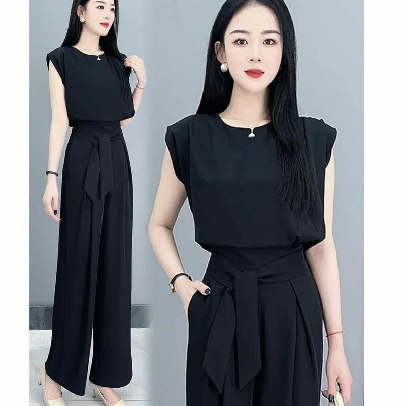 Women's 2024 Summer New Korean Fashion Casual Sagging Off Shoulder Sleeveless Crop Top High Waist Wide Leg Pants 2 Two Piece Set