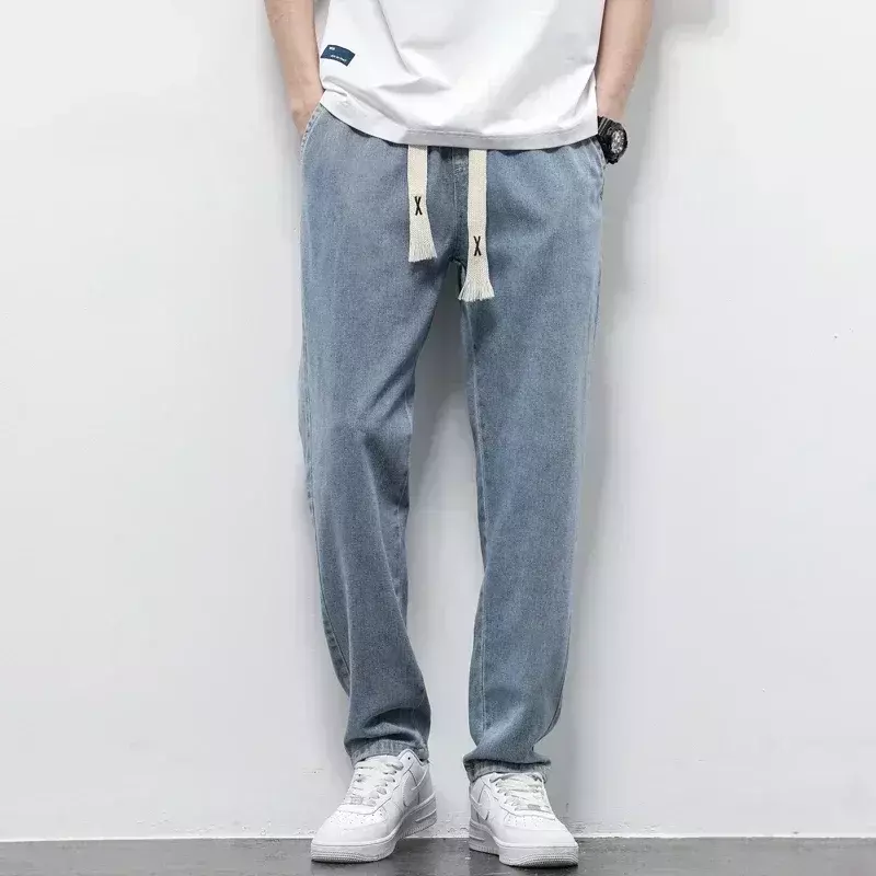 Spring Autumn Men's Jeans Cotton Soft Drawstring Straight Pants Elastic Waist Vintage Korea Casual Trousers Male Plus Size