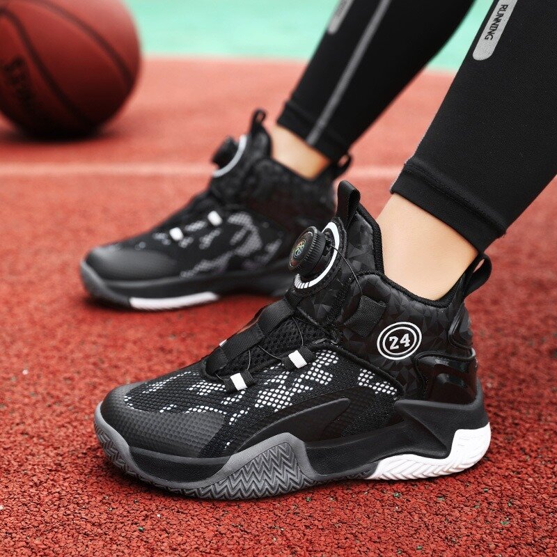 Zapatillas de baloncesto para niños, zapatos deportivos de malla transpirable con botón giratorio, zapatillas de baloncesto prácticas para niños, primavera y verano, 2024
