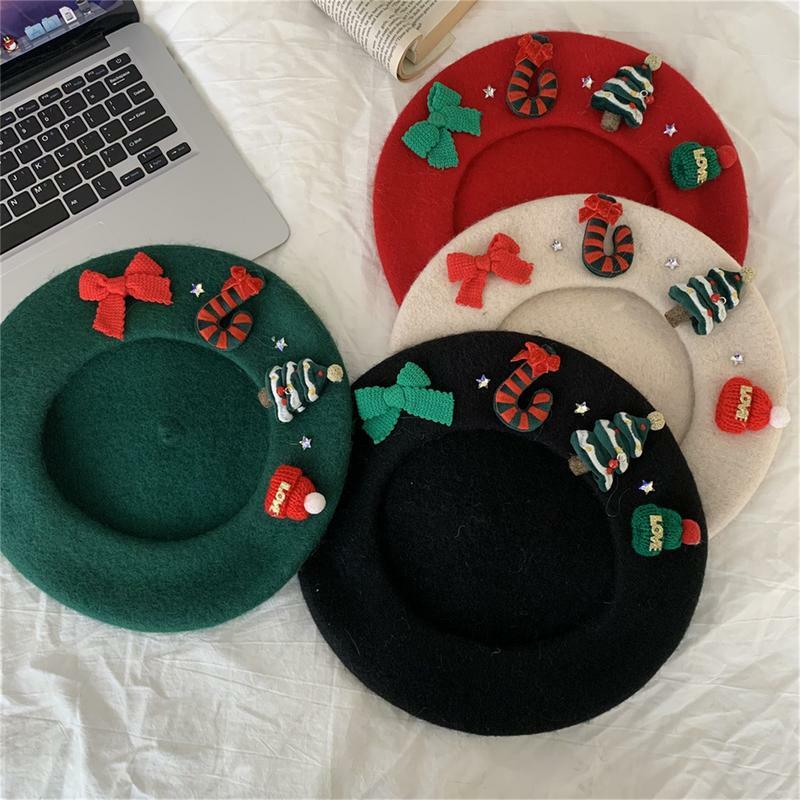 Christmas Beret Hat emale Winter Headwear Xmas Party Dress Up New Year Gifts Sweet Girl Women Wool Tweed Beret Cap