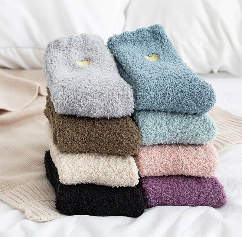 1 Pair Autumn Winter Coral Fleece Socks  Love Home Floor Socks Sleep Socks Half Velvet Women Mid-Tube Socks Warm Cozy Socks