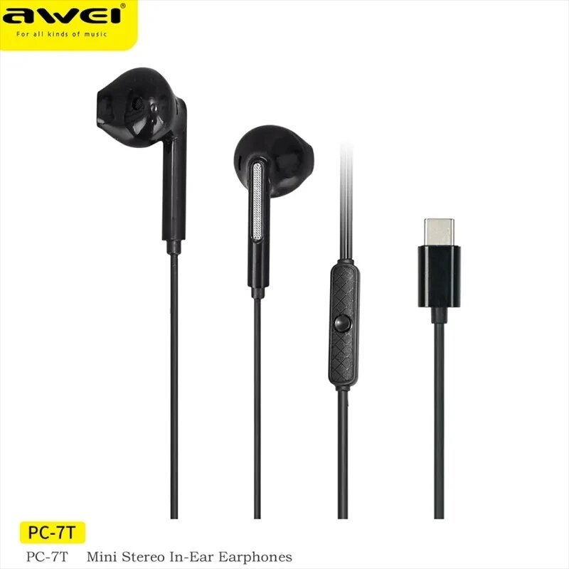 Awei PC-7T/PC-7 fio-controlado fone de ouvido com microfone mãos-livres chamando ergonômico fone de ouvido tipo-c fone de ouvido para smartphones