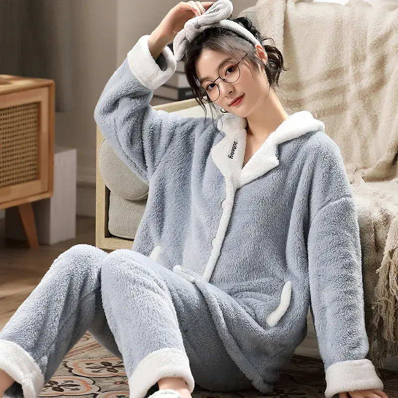 Conjuntos de pijama feminino grosso, mangas compridas quentes, pijama coral, terno de casa, pijamas femininos, inverno, coreano, 2 peças