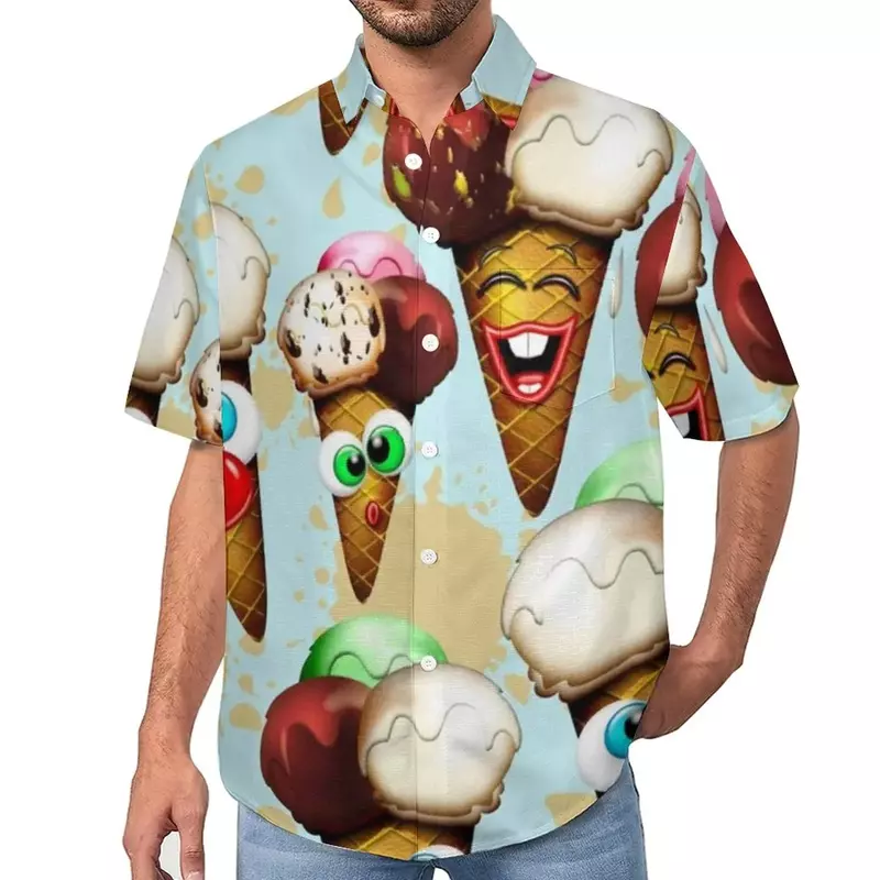 Summer ice cream printed Hawaiian shirt, cool and casual beach men's lapel top, cartoon pattern printed men's shirt