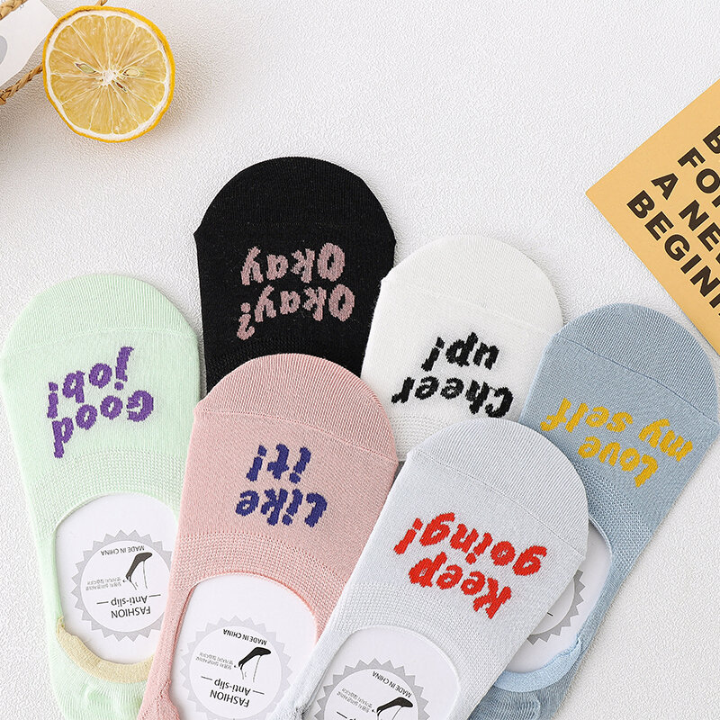 5 Pairs Women Spring Summer Boat Socks Candy Colors Silicone Non-slip Invisible Socks Chaussette Cotton Casual Ankle Socks