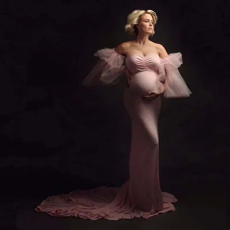 Più nuovo Off-the Shoulder elastico maternità fotografia abiti lunghi a sirena Skinny Baby Shower Dress gravidanza abito lungo da treno