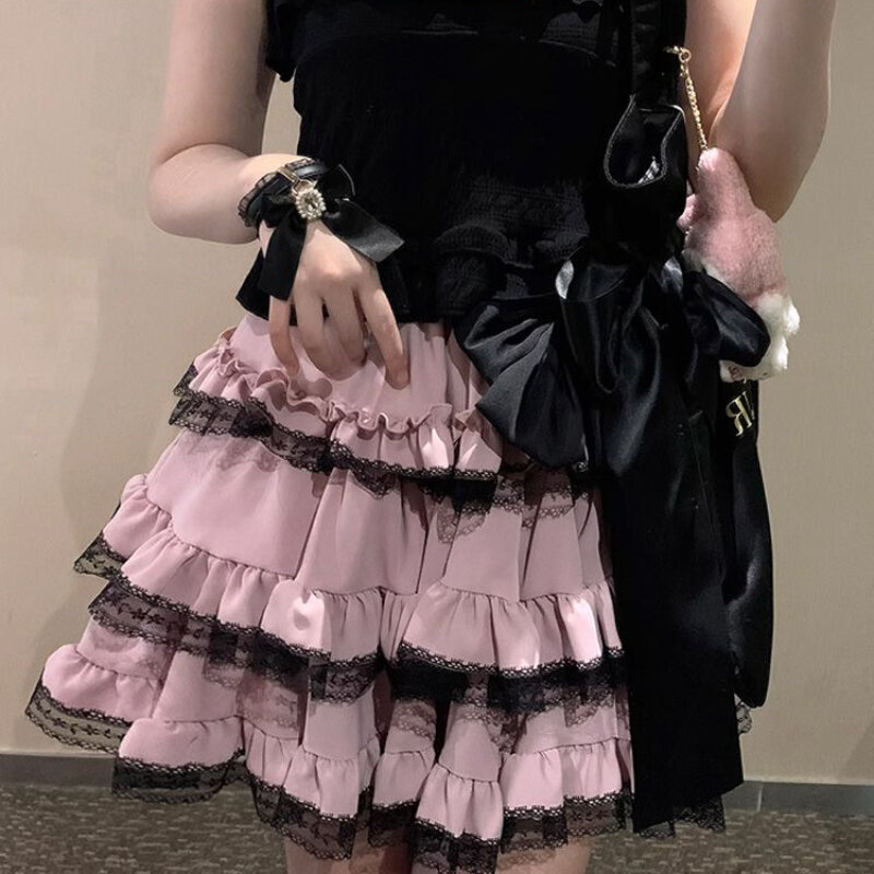 Deeptown Kawaii marszczona Lolita Mini spódniczka Harajuku styl japoński słodka krótkie spódniczki koronkowa patchworkowa plisowana gotycka spódnica