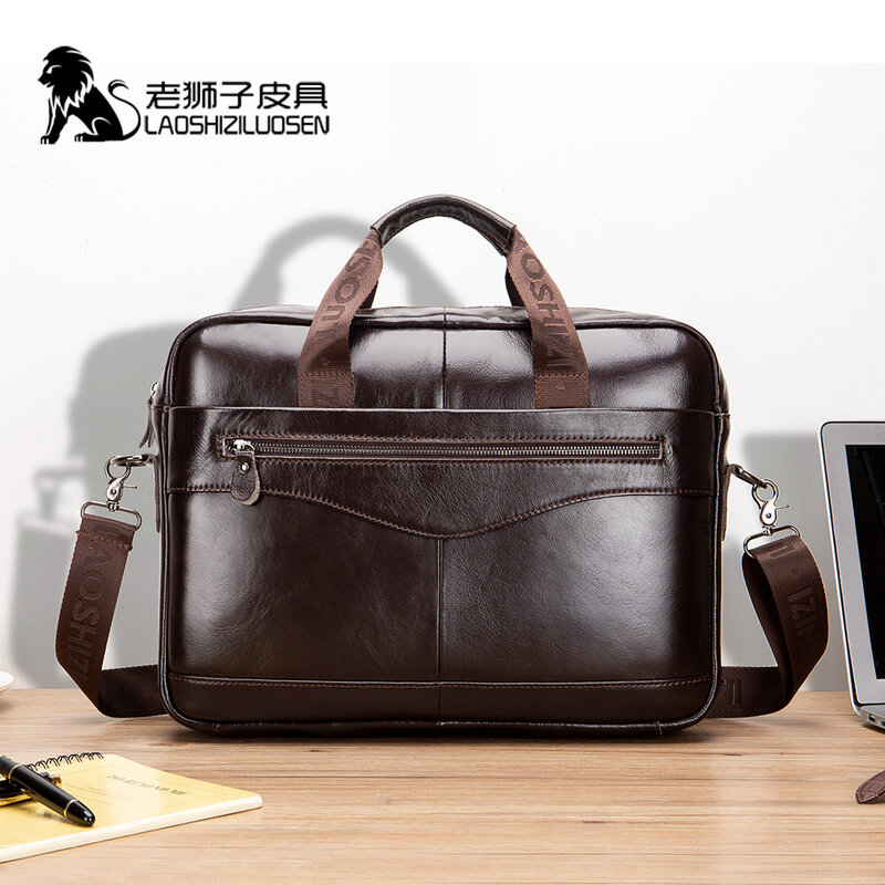 LAOSHIZI-maletín de cuero genuino para hombre, bolso de mensajero para ordenador portátil, bolsas para documentos