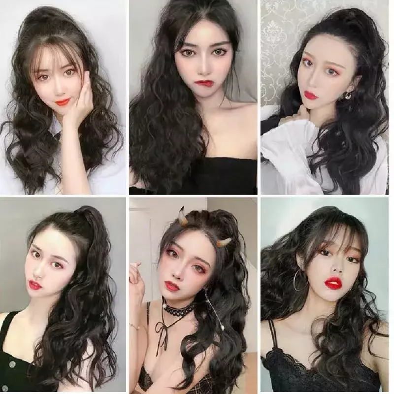 18inch Synthetic Long Water Wave Hair Band With Grab Clip Ponytail Wig Claw Curly Hair False Ponytail Fluffy Hair Can Be Braided