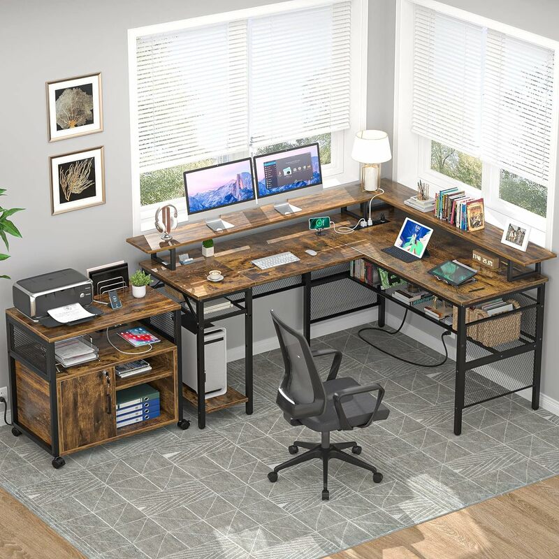 Universal L Shaped Desk with LED Light and Power Outlet, Reversible Corner Computer Table, Monitor St  Storage Shelf