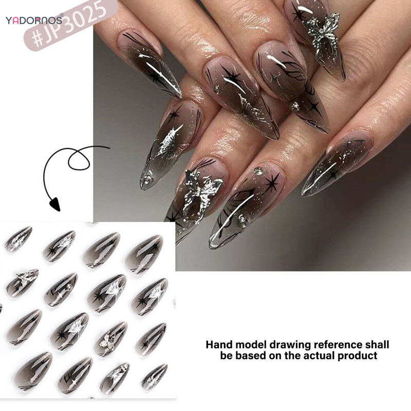 24Pcs Almond Fake Nails Gradient Black Press on Nails Butterfly Star Designed Y2K Girls Wearable False Nails Tips DIY Manicure